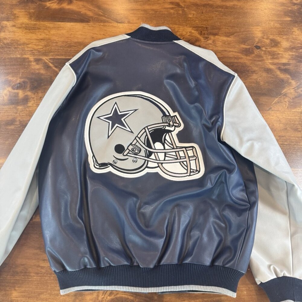 NFL G111 Dallas Cowboys NWOT Blue/white Faux Leather Inner Pockets Jacket M - Picture 8 of 10